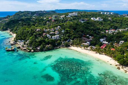 Aerial drone view of ruined and demolished buildings on Diniwid Beach, Boracay, Philippinesの写真素材