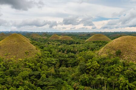 The conical shape limestone karsts and unique landscape of Bohol's "Chocolate Hills" in the Philippinesの写真素材