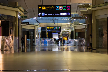 BANGKOK, THAILAND - JUNE 07 2020: Closed shops inside a near deserted Suvarnabhumi international airport in Bangkok, Thailand, Covid-19 has also eliminated air travel in large parts of the world.のeditorial素材