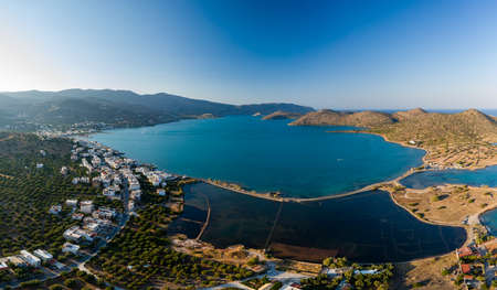 Aerial view of Elounda in Crete showing the sunken remains of the ancient Minoan city of Olousの写真素材