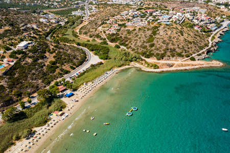 Aerial view of Almyros beach near the town of Agios Nikolaos in Crete, Greeceの写真素材