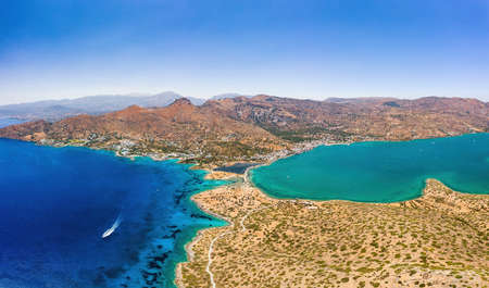 Panoramic aerial view of the town of Elounda on the island of Crete, Greeceの写真素材