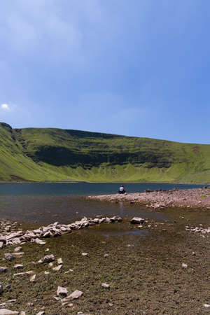 Aerial view of natural scenery in the Brecon Beacons National Park (Llyn y Fan Fach, Wales)
