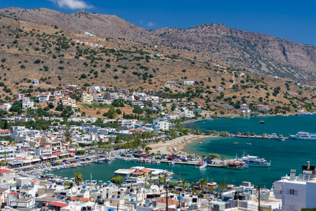 ELOUNDA, CRETE - 11 JULY 2021: Scenery in the popular Cretan resort town of Elounda in the Lasithi region of the island of Creteのeditorial素材