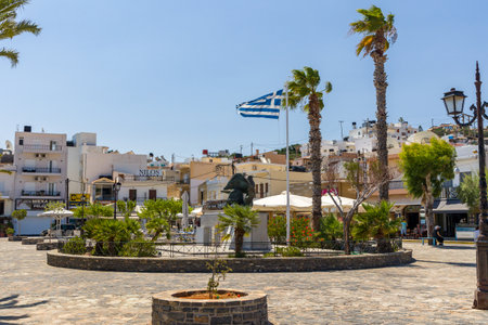 ELOUNDA, CRETE - 11 JULY 2021: Scenery in the popular Cretan resort town of Elounda in the Lasithi region of the island of Creteのeditorial素材