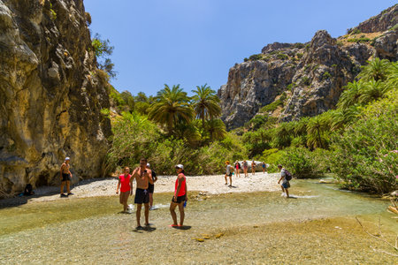 PREVELI, CRETE - JULY 21 2021: Crowds of people exploring the natural palm forest and sandy beach at Preveli on the southern coast of the Greek island of Crete.のeditorial素材