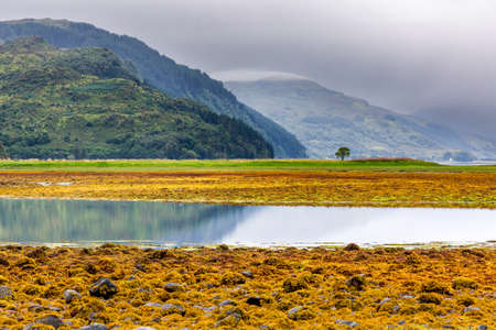 Dramatic scenery at a Scottish sea loch on a cloudy, grey afternoon (Loch Duich, Eilean Donan)