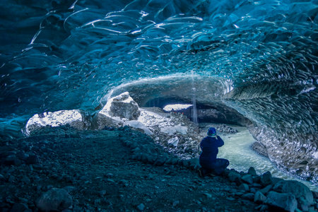 Spectacular blue ice formations inside an ice cave under the Vatnajokull glacier, Icelandのeditorial素材