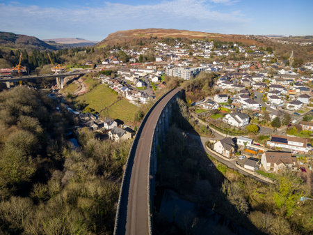 Aerial view of the Cefn Coed Viaduct (built 1866) at Merthyr Tydfil, Walesの写真素材