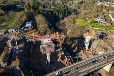 MERTHYR TYDFIL, WALES - FEBRUARY 06 2023: Aerial view of major roadworks and construction of section 5 of the upgraded A465 "Heads of the Valleys" Road at Merthyr Tydfil, South Walesのeditorial素材
