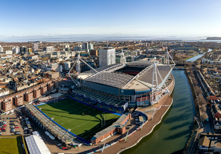 CARDIFF, WALES - FEBRUARY 09 2023: Aerial view of the centre of Cardiff and the Millennium (Principality) Stadium next to the River Taff.  The stadium is used to host international Rugby matches and other large events.のeditorial素材