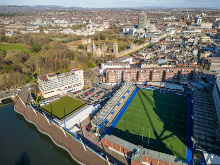 CARDIFF, WALES - FEBRUARY 09 2023: Aerial view of the centre of Cardiff and the Cardiff Arms Park rugby ground with a 4G plastic pitch.  Cardiff is the capital city of Walesのeditorial素材