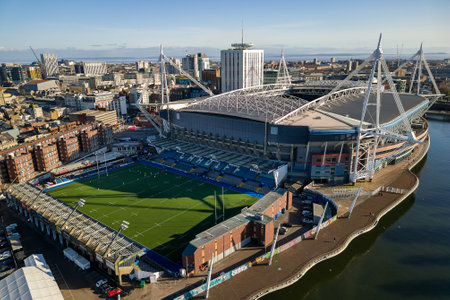 CARDIFF, WALES - FEBRUARY 09 2023: Aerial view of the centre of Cardiff and the Millennium (Principality) Stadium next to the River Taff.  The stadium is used to host international Rugby matches and other large events.のeditorial素材