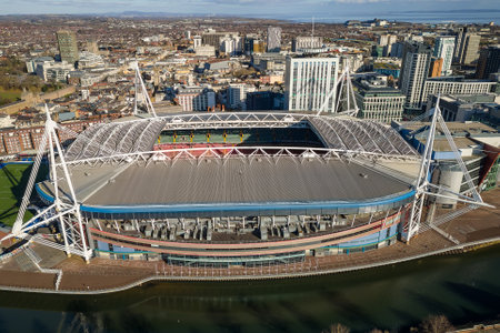 CARDIFF, WALES - FEBRUARY 09 2023: Aerial view of the centre of Cardiff and the Millennium (Principality) Stadium next to the River Taff.  The stadium is used to host international Rugby matches and other large events.のeditorial素材