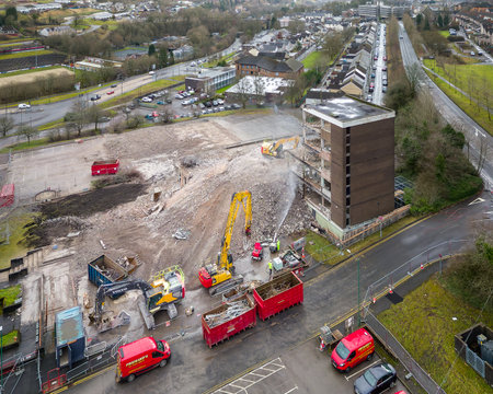 EBBW VALE, WALES - FEBRUARY 03 2023: Aerial view of the demolition of the old council offices in the centre of the town as part of a regeneration planのeditorial素材