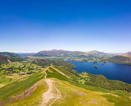 Aerial view of the hiking trail across the beautiful Catbells ridge in the English Lake District in summer.の写真素材
