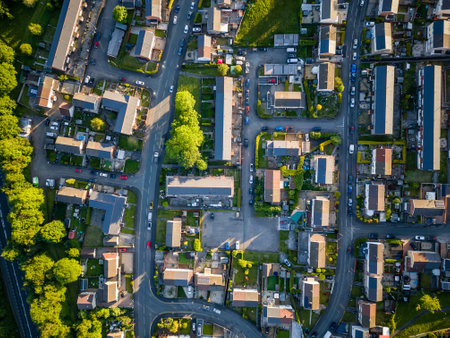 Top down aerial view of residential streets and housesの写真素材