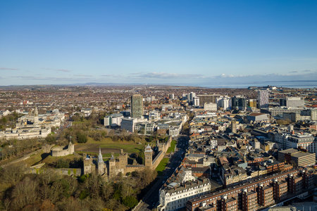 CARDIFF, WALES - FEBRUARY 09 2023: Aerial view of the centre of Cardiff including the castle, city hall and main shopping areas.  Cardiff is the capital city of Walesのeditorial素材
