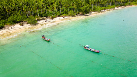 Drone view of longtail boats moored off a tropical sandy beach in Khao Lak, Thailand