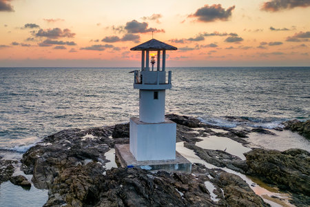 Aerial view of a lighthouse in a tropical ocean at sunset (Khao Lak, Phangnga, Thailand)の写真素材