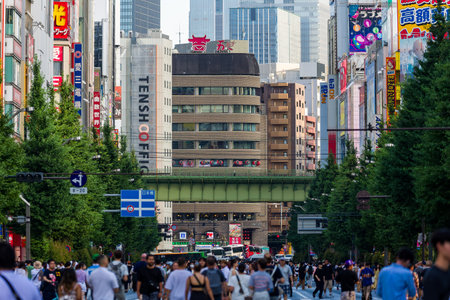 TOKYO, JAPAN - JULY 16 2023: Shoppers and tourists crowd the colorful Akihabara district in Tokyo, famous for its electronics shopsのeditorial素材