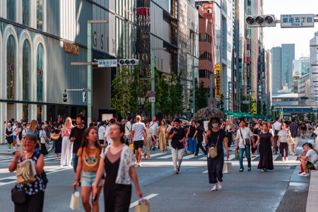 TOKYO, JAPAN - JULY 30 2023: Roads closed for pedestrians and shoppers in the high end shopping Ginza area of Tokyo.のeditorial素材