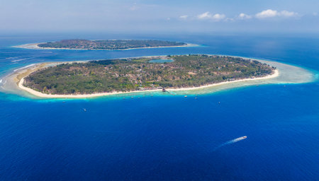 Aerial view of the islands of Gili Meno and Trawangan between Lombok and Bali in Indonesiaの写真素材