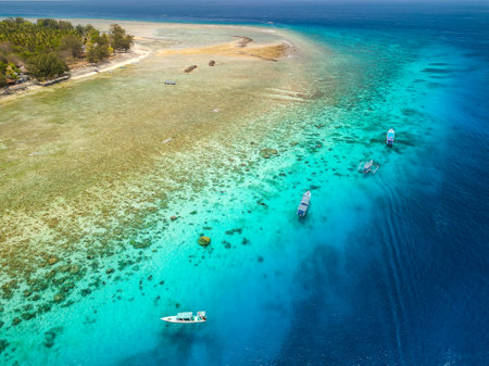 Aerial view of swimmers and snorkellers from tourist boats above a tropical coral reef in a warm ocean (Gili Air, Lombok, Indonesia)の写真素材