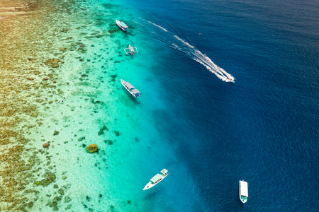 Top down aerial view of snorkel boats and tourists over a tropical coral reef in a warm,clear oceanの写真素材