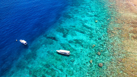 Top down aerial view of snorkel boats and tourists over a tropical coral reef in a warm,clear oceanの写真素材