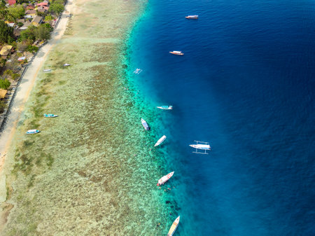Aerial view of tourist boats over the coral reef flat on a small tropical islandの写真素材