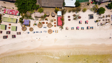 Top down aerial view of various sunshades and resorts along a tropical beach at low tideの写真素材