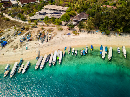Aerial view of lines of wooden tourist boats on a sandy beach of a tropical islandの写真素材