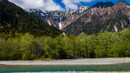 Clear, cold river running through a forested valley. River Azusa, Kamikochi, Japanの写真素材