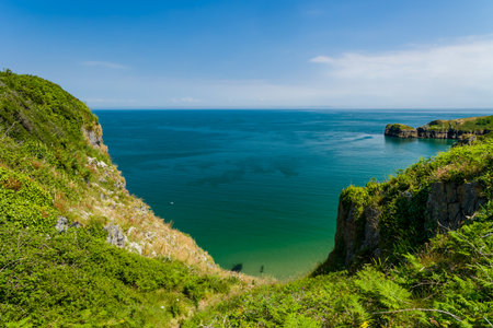 The rugged clifftop coastline of Caldey Island, Wales, UKの写真素材