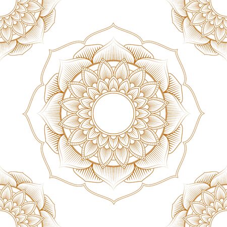 Vector seamless ornamental white background with a thin black oriental pattern. Pattern with mandalas. Ornament with a stylized sun.のイラスト素材