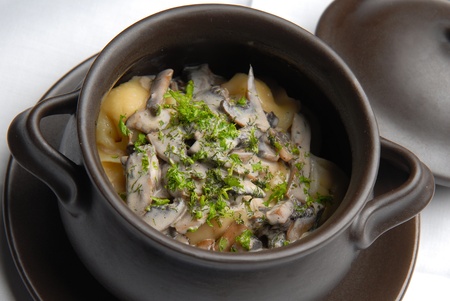 Potatoes baked in a casserole with mushrooms and vegetablesの写真素材