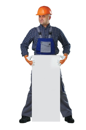 The man in the workers' clothes in  a helmet on a white backgroundの写真素材