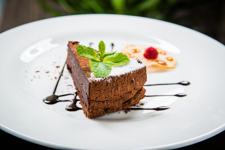 Delicious chocolate cake on plate on table on light backgroundの写真素材