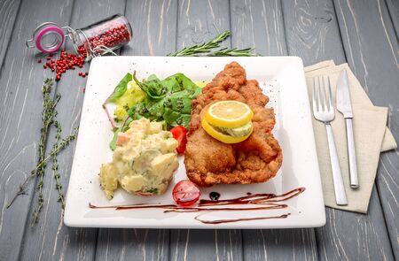 Wiener Schnitzel with potato salad and lemonの写真素材