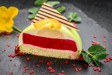 Fruit dessert, panacota on a wooden backgroundの写真素材