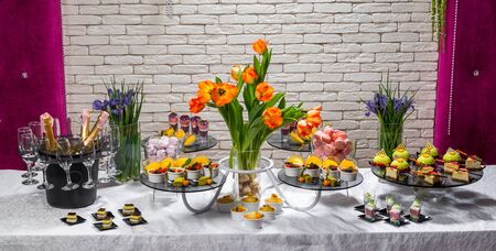 Candy bar, delicious fruit desserts in a restaurantの写真素材