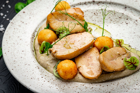 Fried bull testicles with potatoes and mushroom sauce. Photo for the restaurant menuの写真素材