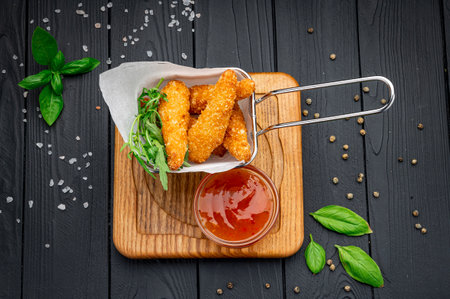 Crispy fried shrimp with spicy sauce. Photo for the restaurant menuの写真素材