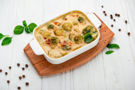 Fresh and beautiful Brussels sprout gratin. Serving food in a restaurant. Photo for the menuの写真素材