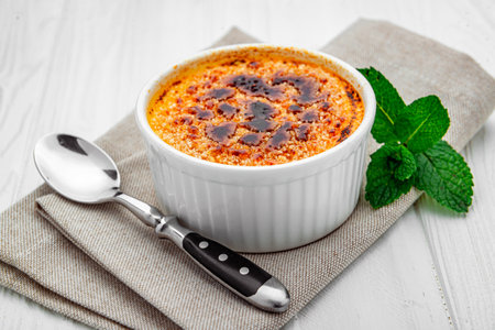 Traditional french vanilla cream dessert with caramelized sugar. Health food. Photo for the menu.