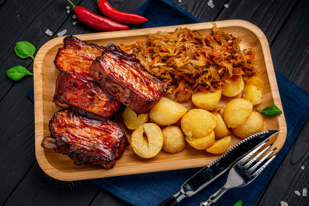 Barbecue pork ribs as main dish at restaurant. Pork delicacy with delicious barbecue sauce, cabbage and potatoesの写真素材