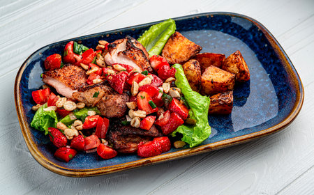 Duck breast with strawberries, tomatoes, nuts and baked potatoes. Healthy and delicious food. Photo for the menu.の写真素材