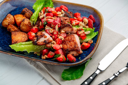 Duck breast with strawberries, tomatoes, nuts and baked potatoes. Healthy and delicious food. Photo for the menu.の写真素材