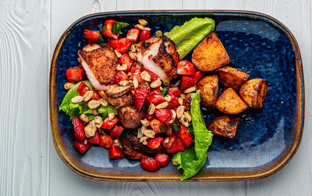 Duck breast with strawberries, tomatoes, nuts and baked potatoes. Healthy and delicious food. Photo for the menu.の写真素材